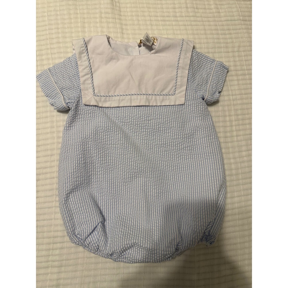The Beaufort Bonnet Company Boys Blue Seersucker Bib Bubble Romper 6-12M